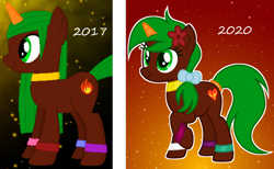 Size: 1280x788 | Tagged: safe, artist:razorbladetheunicron, imported from derpibooru, oc, oc only, oc:razor blade, pony, unicorn, base used, bow, bracelet, choker, colored horn, comparison, flower, flower in hair, hair bow, horn, jewelry, old vs new, solo