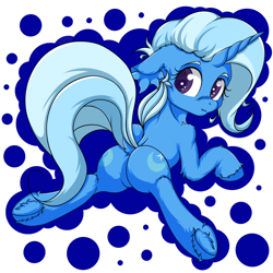 Size: 2500x2500 | Tagged: safe, artist:rurihal, imported from derpibooru, trixie, pony, unicorn, abstract background, cute, diatrixes, dock, dock fluff, ear fluff, featureless crotch, female, floppy ears, high res, hoof fluff, leg fluff, looking back, prone, solo, unshorn fetlocks