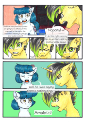 Size: 3336x4776 | Tagged: safe, artist:tillie-tmb, imported from derpibooru, oc, oc only, oc:meadow lark, oc:tempest, earth pony, pony, unicorn, comic:the amulet of shades, comic, female, mare