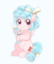 Size: 1725x2048 | Tagged: dead source, safe, artist:arrow__root, artist:ginmaruxx, imported from derpibooru, cozy glow, pegasus, pony, blushing, cozybetes, cute, female, filly, headband, looking at you, plushie, simple background, sitting, smiling, solo, white background