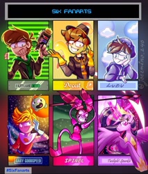 Size: 656x769 | Tagged: safe, artist:jazzmina_240, imported from derpibooru, twilight sparkle, alicorn, human, pony, six fanarts, the last problem, angry, clothes, crossover, edd gould (eddsworld), eddsworld, ethereal mane, female, final space, full moon, future edd (eddsworld), gary goodspeed, gloves, glowing horn, hoof shoes, horn, jewelry, magic, male, mare, moon, mooncake (final space), night, princess twilight 2.0, sanders sides, scythe, spinel (steven universe), starry mane, stars, steven universe, telekinesis, tiara, twilight sparkle (alicorn)