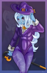 Size: 1280x1979 | Tagged: safe, artist:jennobasilicum, imported from derpibooru, trixie, equestria girls, cane, clothes, female, hat, leotard, smiling, zoom layer