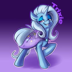 Size: 900x900 | Tagged: safe, artist:bluekazenate, imported from derpibooru, trixie, pony, unicorn, cute, deviantart watermark, diatrixes, female, gradient background, grin, lidded eyes, mare, obtrusive watermark, outline, smiling, solo, watermark