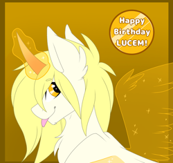 Size: 2000x1886 | Tagged: safe, artist:melodytheartpony, imported from derpibooru, oc, oc:lucem diem, pony, unicorn, :p, artificial wings, augmented, birthday, cute, fluffy, glowing horn, happy birthday, horn, looking at you, magic, magic wings, male, tongue out, wings