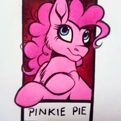 Size: 734x734 | Tagged: safe, alternate version, artist:karolapawezka, imported from derpibooru, pinkie pie, earth pony, pony, six fanarts, bust, chest fluff, cropped, eyelashes, female, mare, smiling, solo, traditional art