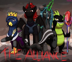 Size: 3869x3320 | Tagged: safe, artist:galacticham, imported from derpibooru, queen chrysalis, oc, oc:abigail the beloved skunk, oc:dragon lord charcoal, oc:king gilbert, oc:prince ecosis, alicorn, changeling, changeling queen, dragon, griffon, skunk, alicorn oc, alliance ecosis, animal, armor, bloodstone scepter, crown, fangs, female, glowing horn, group, horn, jewelry, looking at you, regalia, scepter, tongue out, wings