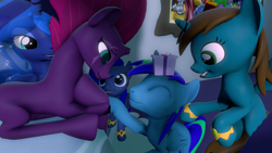 Size: 1280x720 | Tagged: safe, artist:johnnyxluna, imported from derpibooru, princess luna, tempest shadow, oc, oc:camron, oc:flarine, oc:lunete, 3d, canterlot castle, family, female, gift giving, male, mother and child, mother and daughter, mother and son, mothers day 2020, offspring, sfm pony, source filmmaker, touched by