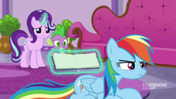 Size: 1280x720 | Tagged: safe, imported from derpibooru, screencap, rainbow dash, spike, starlight glimmer, deep tissue memories, spoiler:deep tissue memories, spoiler:mlp friendship is forever, 9now, cute, dashabetes, rainbow dash is not amused, unamused