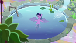 Size: 1280x720 | Tagged: safe, imported from derpibooru, screencap, twilight sparkle, alicorn, pony, deep tissue memories, spoiler:deep tissue memories, spoiler:mlp friendship is forever, eyes closed, female, floating, mare, ponyville spa, relaxing, twilight sparkle (alicorn), water