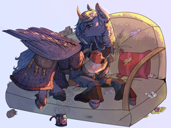 Size: 2362x1772 | Tagged: safe, artist:sourcherry, imported from derpibooru, oc, oc only, oc:moonlight grimoire, alicorn, pony, fallout equestria, commission, curved horn, horn, laying on stomach, prone, sofa bed, solo