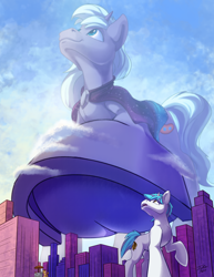 Size: 4264x5523 | Tagged: safe, artist:tsitra360, imported from derpibooru, oc, oc only, oc:saros nebula, oc:snap fable, oc:snap feather, pony, unicorn, city, cosmic wizard, frog (hoof), giant pony, giant unicorn, imminent crushing, looming, looming over, macro, mega giant, size difference, underhoof, wizard, wizard robe