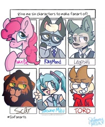 Size: 1080x1307 | Tagged: safe, artist:skimmymilk_official, imported from derpibooru, anthro, big cat, cat, earth pony, human, lion, pony, six fanarts, animal crossing, anthro with ponies, beastars, bust, clothes, crossover, eddsworld, female, glasses, grin, hatsune miku, hoodie, legosi (beastars), mare, necktie, one eye closed, raymond, scar (the lion king), smiling, the lion king, tord, tord (eddsworld), vocaloid, wink