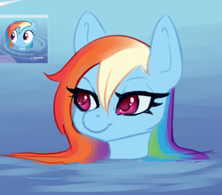 Size: 2084x1824 | Tagged: safe, artist:evlass, imported from derpibooru, rainbow dash, pegasus, pony, deep tissue memories, spoiler:deep tissue memories, colored pupils, cute, dashabetes, female, scene interpretation, solo, that was fast, wet mane, wet mane rainbow dash