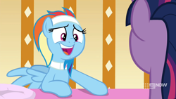 Size: 1280x720 | Tagged: safe, imported from derpibooru, screencap, rainbow dash, twilight sparkle, alicorn, deep tissue memories, spoiler:deep tissue memories, spoiler:mlp friendship is forever, alternate hairstyle, collar, cute, dashabetes, female, mawshot, open mouth, smiling, spa pony rainbow dash, twilight sparkle (alicorn), uvula