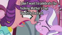 Size: 1280x720 | Tagged: safe, edit, edited screencap, imported from derpibooru, screencap, diamond tiara, spoiled rich, pony, crusaders of the lost mark, abuse, equestria's worst mother, female, filly, mother and child, mother and daughter, mother's day, spoiled bitch, tiarabuse, vulgar, yelling