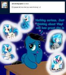 Size: 7200x8135 | Tagged: safe, artist:agkandphotomaker2000, imported from derpibooru, dj pon-3, vinyl scratch, oc, oc:pony video maker, pegasus, pony, unicorn, tumblr:pony video maker's blog, ask, butt, canon x oc, clothes, daydream, dj booth, dj glasses, female, magic, male, plot, recycled drawings, shipping, socks, straight, striped socks, table, thinking about her, thought bubble, tumblr, videoscratch, vinyl's glasses