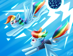 Size: 1773x1378 | Tagged: safe, artist:jphyperx, imported from derpibooru, rainbow dash, pegasus, pony, season 9, the last problem, spoiler:s09, double rainbow, lightning, older, older rainbow dash, self paradox, time paradox, time travel