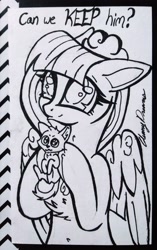 Size: 2116x3366 | Tagged: safe, artist:gleamydreams, imported from derpibooru, oc, oc only, oc:powder floof, cat, pegasus, pony, black and white, female, grayscale, hat, ink drawing, kitten, mare, monochrome, pegasus oc, traditional art, wings