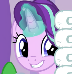 Size: 338x350 | Tagged: safe, edit, edited screencap, imported from derpibooru, screencap, starlight glimmer, pony, unicorn, deep tissue memories, spoiler:deep tissue memories, spoiler:mlp friendship is forever, blue eyes, cropped, cute, female, glimmerbetes, glowing horn, grin, horn, looking at someone, magic, mare, smiling, solo