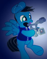 Size: 5172x6448 | Tagged: safe, artist:agkandphotomaker2000, imported from derpibooru, oc, oc only, oc:pony video maker, pegasus, pony, bipedal, camera, clothes, director's hat, happy, jacket, male, open mouth, show accurate, solo, standing, standing on one leg, video camera, wings