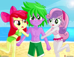 Size: 4000x3090 | Tagged: safe, artist:dieart77, imported from derpibooru, apple bloom, spike, sweetie belle, equestria girls, barefoot, beach, belly button, bikini, clothes, commission, feet, female, human spike, jealous, love triangle, male, midriff, shipping, shorts, spike gets all the equestria girls, spike gets all the mares, spikebelle, spikebloom, straight, swimsuit