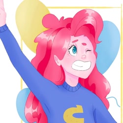 Size: 1080x1080 | Tagged: safe, alternate version, artist:nyume_e, imported from derpibooru, pinkie pie, equestria girls, balloon, bust, clothes, female, grin, one eye closed, peace sign, smiling, solo, text, wink