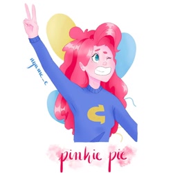 Size: 1080x1080 | Tagged: safe, alternate version, artist:nyume_e, imported from derpibooru, pinkie pie, equestria girls, balloon, bust, clothes, female, grin, one eye closed, peace sign, smiling, solo, text, wink