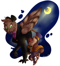 Size: 5368x5840 | Tagged: safe, artist:mapleicious, artist:mapleiciousmlp, imported from derpibooru, oc, oc only, oc:appleale, oc:steelwinghollowtooth, earth pony, griffon, a hat in time, clothes, conductor, costume, female, halloween, halloween costume, hat girl, holiday, male, mare, moon, night, nightmare night, nightmare night costume, pumpkin, pumpkin bucket, simple background, transparent background, unshorn fetlocks