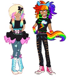 Size: 917x1024 | Tagged: safe, artist:zukosbf, imported from derpibooru, fluttershy, rainbow dash, human, boots, clothes, converse, cutie mark, cutie mark on clothes, dark skin, fake ears, fake tail, humanized, jeans, pants, ripped pants, scene, scene kid, shirt, shoes, simple background, skirt, sneakers, white background