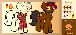 Size: 3328x1536 | Tagged: safe, artist:kimjoman, artist:php142, imported from derpibooru, oc, oc only, oc:twinny, beard, burger, clothes, facial hair, flannel, flannel shirt, food, jewelry, necklace, orange, reference sheet