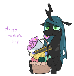 Size: 722x733 | Tagged: safe, artist:jargon scott, edit, editor:dsp2003, imported from derpibooru, queen chrysalis, changeling, changeling queen, awww, comic, crying, cute, cutealis, female, floppy ears, gift basket, mare, mommy chrissy, mother's day, single panel, solo, teary eyes