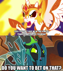 Size: 1280x1440 | Tagged: safe, anonymous editor, edit, edited screencap, editor:jaredking203, imported from derpibooru, screencap, daybreaker, queen chrysalis, alicorn, changeling, changeling queen, pony, a royal problem, the ending of the end, caption, confrontation, duo, female, image macro, mare, meme, text, this will end in fire, ultimate chrysalis