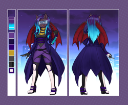 Size: 4856x4000 | Tagged: safe, artist:wildpaper, imported from derpibooru, oc, oc only, oc:dawn sentry, anthro, bat pony, bat wings, bodysuit, boots, clothes, cyberpunk, dyed mane, reference sheet, shoes, solo, trenchcoat, visor, wings