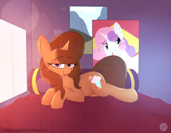 Size: 2302x1790 | Tagged: safe, artist:chaosllama, imported from derpibooru, sweetie belle, oc, oc only, oc:buttercup shake, pony, unicorn, bed, bedroom, bedroom eyes, cutie mark, female, looking at you, mare, pillow, poster, smiling, solo, window