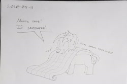 Size: 2040x1364 | Tagged: safe, artist:sketchwork_gd_inuk, imported from derpibooru, sandbar, earth pony, pony, colt, descriptive noise, dialogue, male, palindrome get, pun, solo, traditional art, wrapping paper, younger