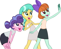 Size: 4040x3268 | Tagged: safe, artist:ironm17, imported from derpibooru, berry blend, berry bliss, citrine spark, fire quacker, peppermint goldylinks, equestria girls, armpits, cellphone, clothes, dress, equestria girls-ified, friendship student, phone, selfie, shirt, shoulderless, simple background, skirt, sleeveless, t-shirt, transparent background, vector