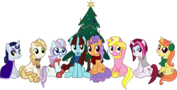 Size: 4622x2342 | Tagged: safe, artist:ironm17, imported from derpibooru, cayenne, citrus blush, moonlight raven, north point, pretzel twist, say cheese, sunshine smiles, sweet biscuit, pony, christmas, christmas tree, clothes, earmuffs, high res, holiday, scarf, simple background, transparent background, tree, vector, winter clothes, winter outfit