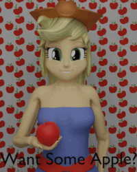 Size: 800x1000 | Tagged: safe, artist:bluest, imported from derpibooru, applejack, equestria girls, 3d, animated, apple, female, food, gif, looking at you, one eye closed, smiling, smiling at you, wink, winking at you