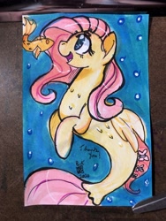 Size: 3024x4032 | Tagged: safe, artist:leafbunny, imported from derpibooru, fluttershy, fish, seapony (g4), bubble, female, high res, open mouth, seaponified, seapony fluttershy, smiling, solo, species swap, traditional art, underwater, water