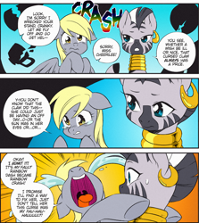 Size: 1464x1643 | Tagged: safe, artist:nekoshiei, color edit, edit, editor:anonycat, imported from derpibooru, seven seas, derpy hooves, zecora, pegasus, pony, zebra, my little pony: the manga, my little pony: the manga volume 1, colored, comic, cropped, crying, duo, female, implied rainbow dash, mare, ocular gushers, quadrupedal, uvula, volumetric mouth