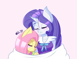 Size: 1450x1100 | Tagged: safe, artist:melliedraws, imported from derpibooru, fluttershy, rarity, anthro, pegasus, unicorn, blushing, clothes, cuddling, cute, eyes closed, female, flarity, heart nostrils, lesbian, mare, mole, shipping, simple background, smiling, weapons-grade cute