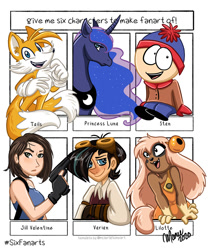 Size: 837x1000 | Tagged: safe, artist:manueillustrations, imported from derpibooru, princess luna, alicorn, fox, human, pony, six fanarts, :d, bust, clothes, crossover, ethereal mane, female, gloves, goggles, gun, jill valentine, male, mare, miles "tails" prower, open mouth, peytral, resident evil, smiling, sonic the hedgehog (series), south park, stan marsh, starry mane, tangled: the series, varian, weapon