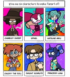 Size: 720x792 | Tagged: safe, artist:sopuliuli, imported from derpibooru, princess luna, alicorn, human, pony, six fanarts, alternate hairstyle, child's play, chucky, cigarette, clothes, crossover, doll, dwight schrute, female, glasses, grin, hair bun, hat, hatsune miku, male, mallet, mare, necktie, one eye closed, peace sign, scissors, smiling, smoking, spinel (steven universe), steven universe, the office, toy, unamused, vocaloid, watch, wink