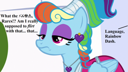 Size: 1280x720 | Tagged: safe, edit, edited screencap, imported from derpibooru, screencap, rainbow dash, sparkle's seven, alternate hairstyle, censored vulgarity, clothes, dress, ear piercing, earring, grawlixes, implied rarity, implied zephyr breeze, jewelry, megaradash, necklace, piercing, rainbow dash always dresses in style, rainbow dash is not amused, unamused