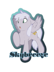 Size: 660x880 | Tagged: safe, artist:rika, imported from derpibooru, oc, oc only, oc:skybreeze, pegasus, pony, badge, con badge, floppy ears, male, open mouth, pegasus oc, raised hoof, simple background, solo, spread wings, stallion, transparent background, wings