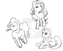 Size: 880x704 | Tagged: safe, artist:rika, imported from derpibooru, pinkie pie, rarity, twilight sparkle, earth pony, pony, unicorn, book, eyes closed, female, grayscale, lidded eyes, looking at you, mare, monochrome, noisemaker, open mouth, prone, pronking, raised hoof, simple background, sketch, smiling, trio, trio female, unicorn twilight, watermark, white background, wip