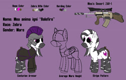 Size: 4142x2644 | Tagged: safe, artist:capt-sierrasparx, imported from derpibooru, oc, oc only, oc:balefire, zebra, armor, clothes, female, foe adventures, gun, helmet, legion, mare, natural socks, reference sheet, rifle, weapon