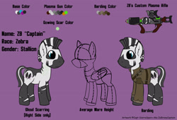 Size: 3852x2614 | Tagged: safe, artist:capt-sierrasparx, imported from derpibooru, oc, oc only, oc:zb, zebra, fallout equestria, armor, clothes, foe adventures, gun, male, natural socks, plasma gun, reference sheet, rifle, stallion, weapon