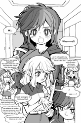 Size: 1259x1920 | Tagged: safe, artist:0828m, artist:0828m-mlp, imported from derpibooru, applejack, rainbow dash, equestria girls, appledash, comic, dialogue, female, lesbian, monochrome, shipping