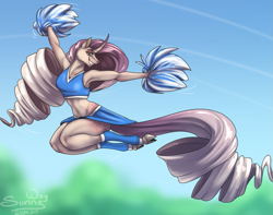 Size: 1267x1000 | Tagged: safe, artist:sunny way, imported from derpibooru, oc, oc only, oc:sumac spirit, anthro, unguligrade anthro, unicorn, anthro oc, armpits, breasts, cheerleader, clothes, cloven hooves, cute, female, horn, jumping, long hair, looking at you, lovely, mare, midriff, patreon, patreon reward, pom pom, sideass, skirt, smiling, smiling at you, solo, sports bra